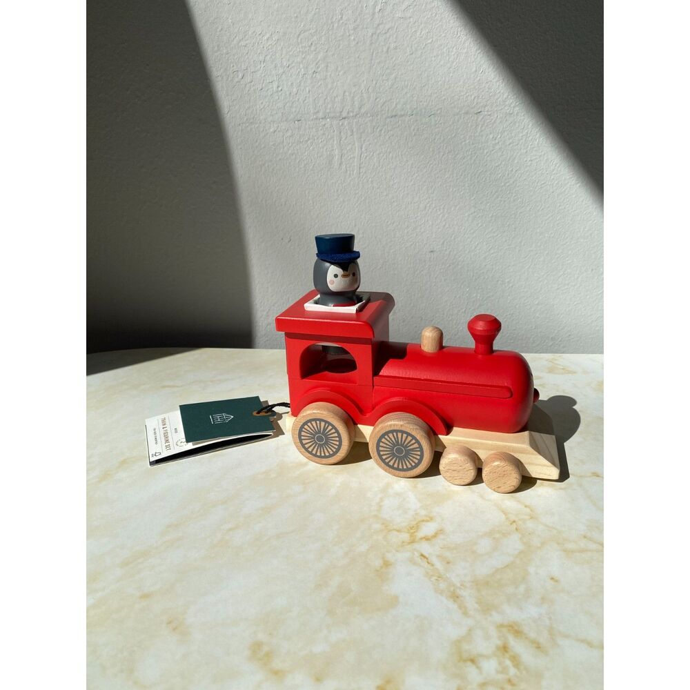 NWT Red Wooden Train And Penguin Conductor Hearth and Hand with Magnolia NWT